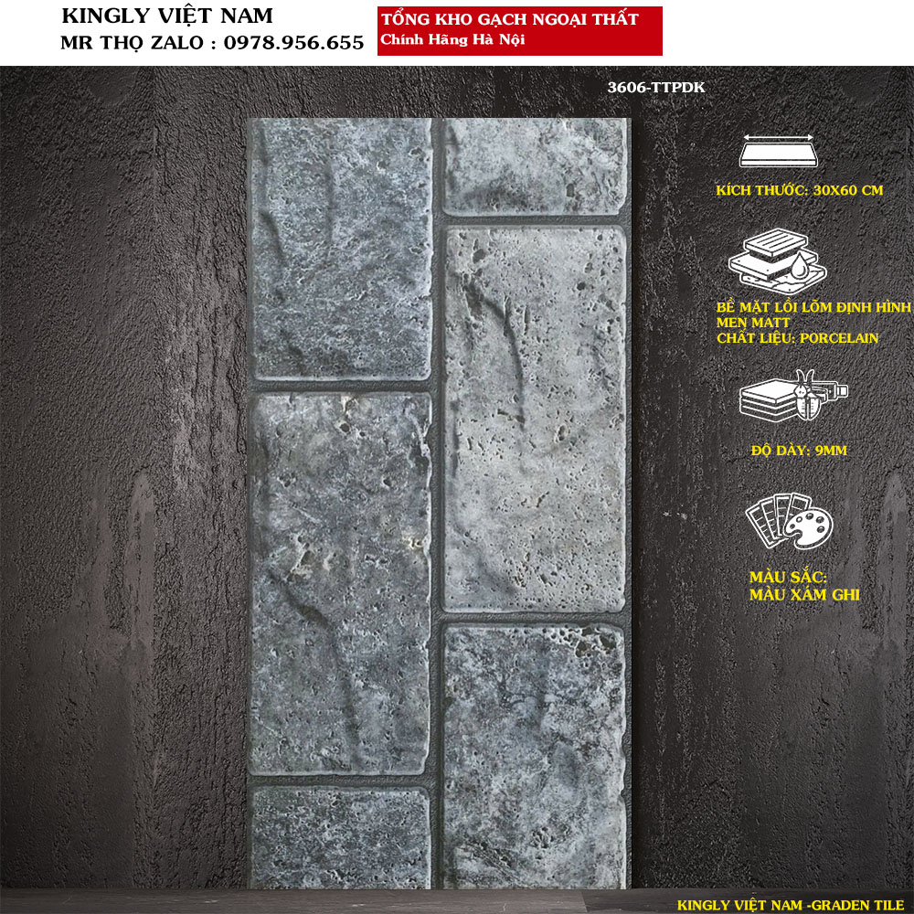 Gạch ốp tường ngoại thất ngoài trời 30x60 cm 3606 Loại 1